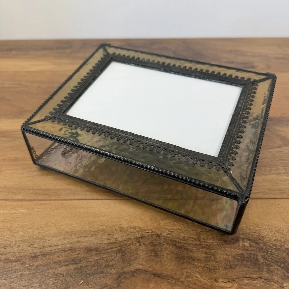 Ormolu‎ Keepsake Box Photo Lid Iridescent Glass Large 8x6